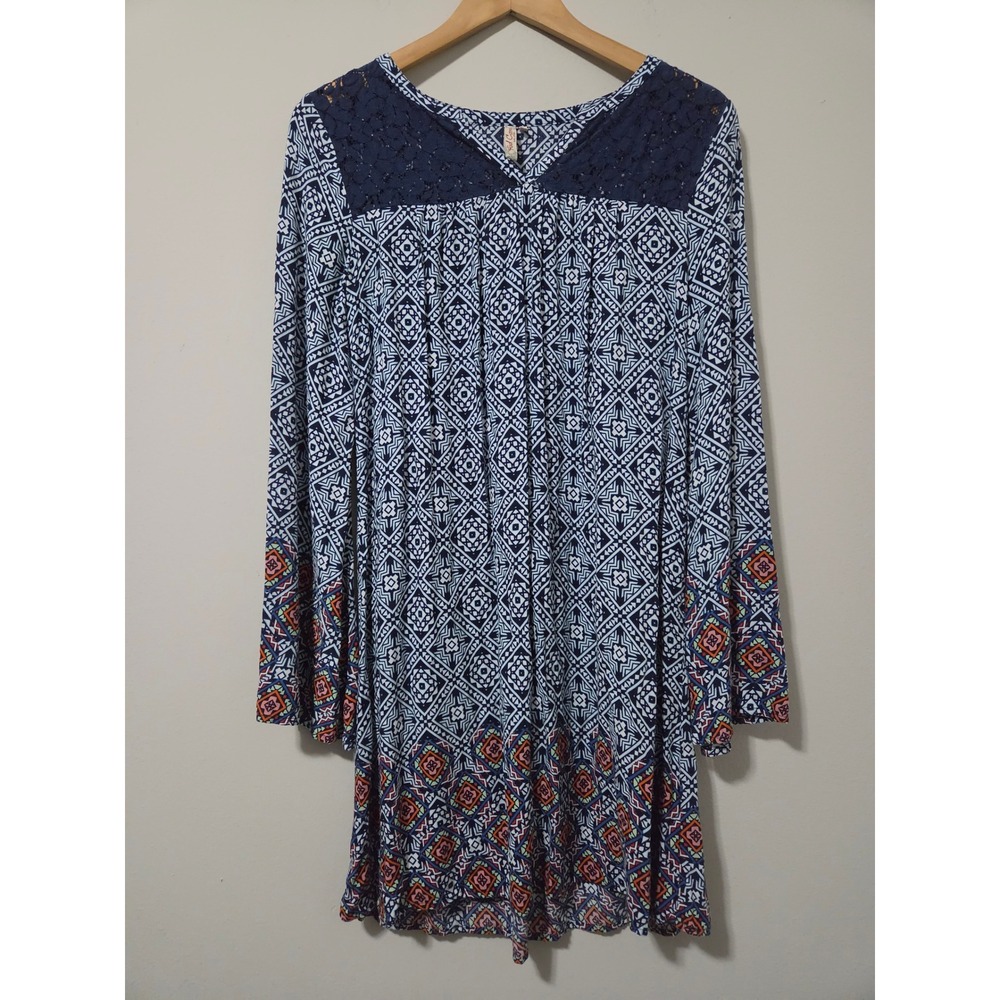 Red Camel‎ Womens Blue Geometric Boho Lace Yoke Bell Sleeve Mini Dress XS